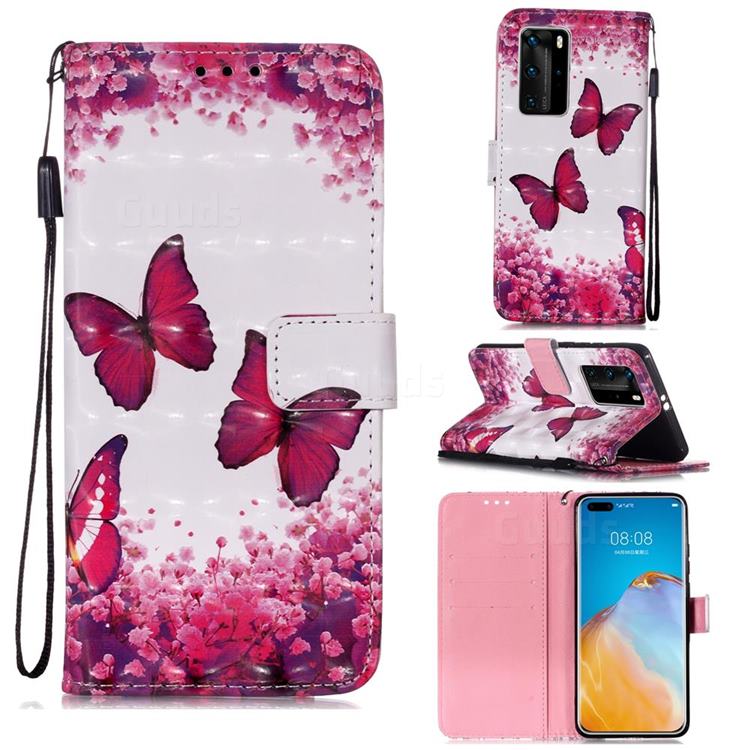 Rose Butterfly 3D Painted Leather Wallet Case for Huawei P40 Pro