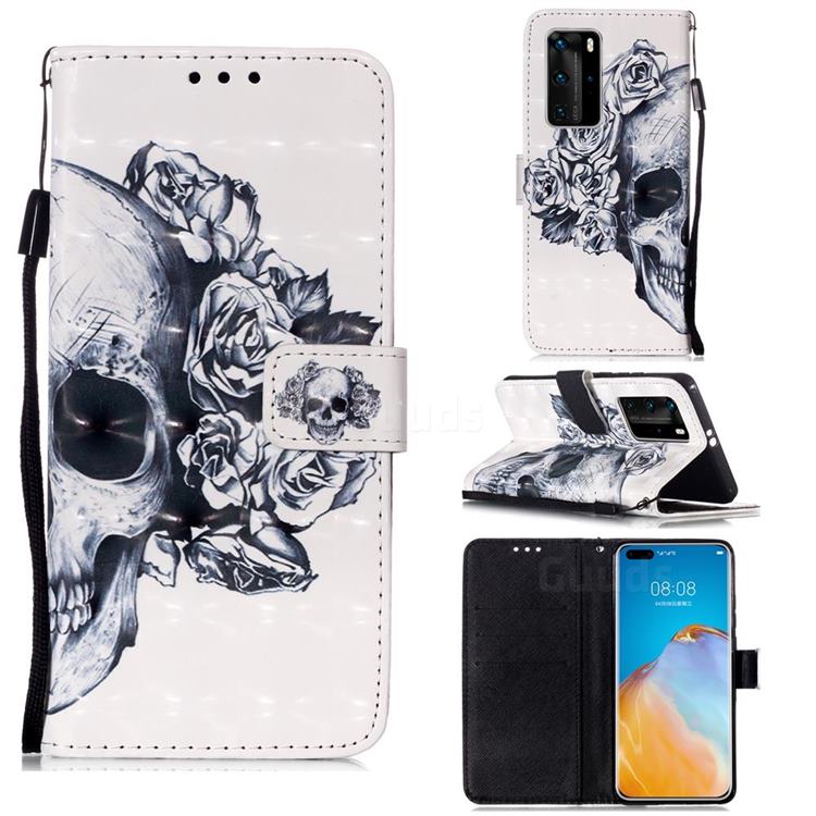 Skull Flower 3D Painted Leather Wallet Case for Huawei P40 Pro