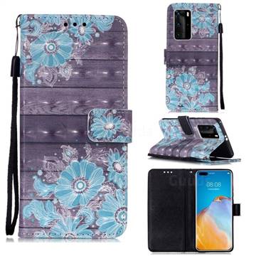 Blue Flower 3D Painted Leather Wallet Case for Huawei P40 Pro