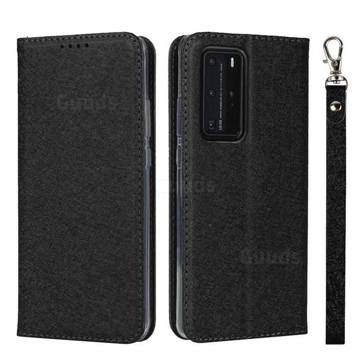Ultra Slim Magnetic Automatic Suction Silk Lanyard Leather Flip Cover for Huawei P40 Pro - Black