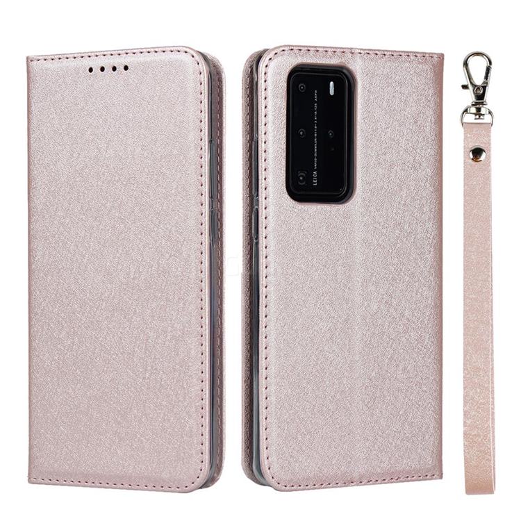 Ultra Slim Magnetic Automatic Suction Silk Lanyard Leather Flip Cover for Huawei P40 Pro - Rose Gold