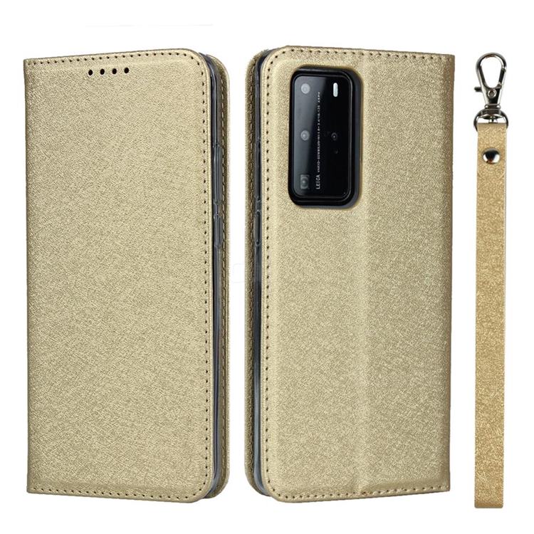 Ultra Slim Magnetic Automatic Suction Silk Lanyard Leather Flip Cover for Huawei P40 Pro - Golden