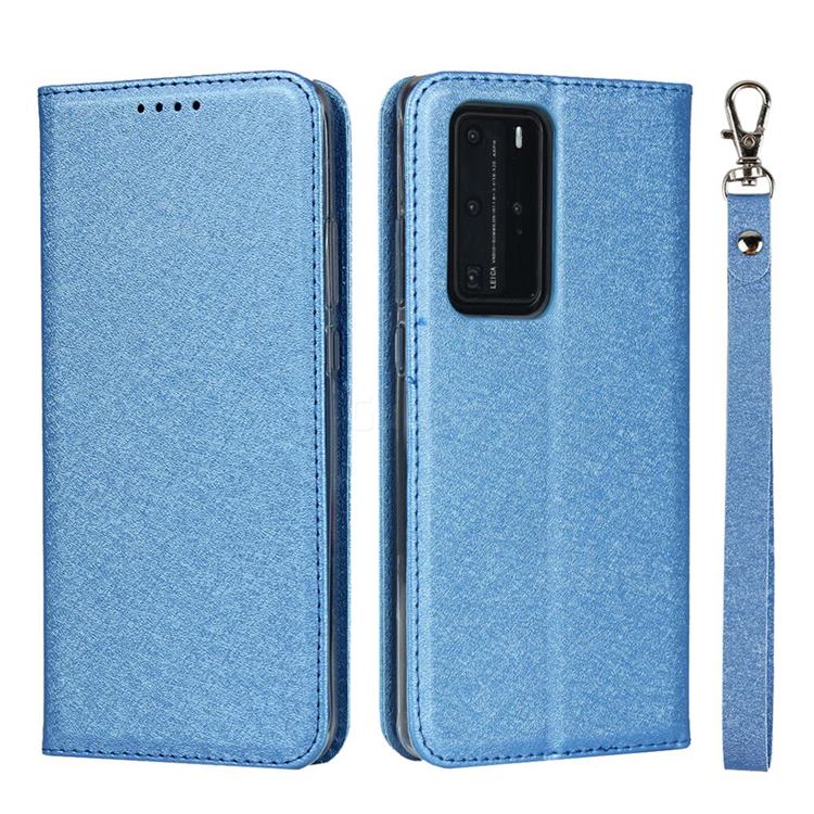 Ultra Slim Magnetic Automatic Suction Silk Lanyard Leather Flip Cover for Huawei P40 Pro - Sky Blue