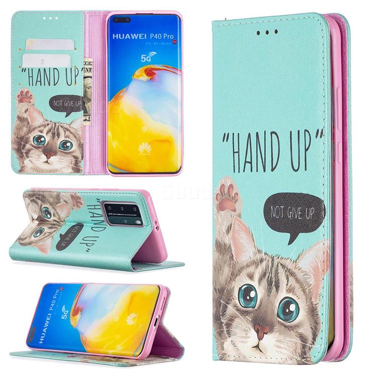 Hand Up Cat Slim Magnetic Attraction Wallet Flip Cover for Huawei P40 Pro