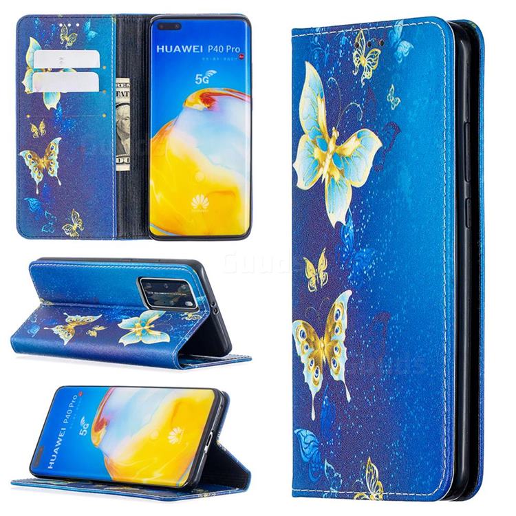 Gold Butterfly Slim Magnetic Attraction Wallet Flip Cover for Huawei P40 Pro