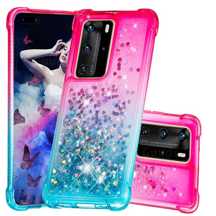 Rainbow Gradient Liquid Glitter Quicksand Sequins Phone Case for Huawei P40 Pro - Pink Blue