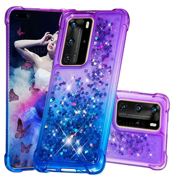 Rainbow Gradient Liquid Glitter Quicksand Sequins Phone Case for Huawei P40 Pro - Purple Blue