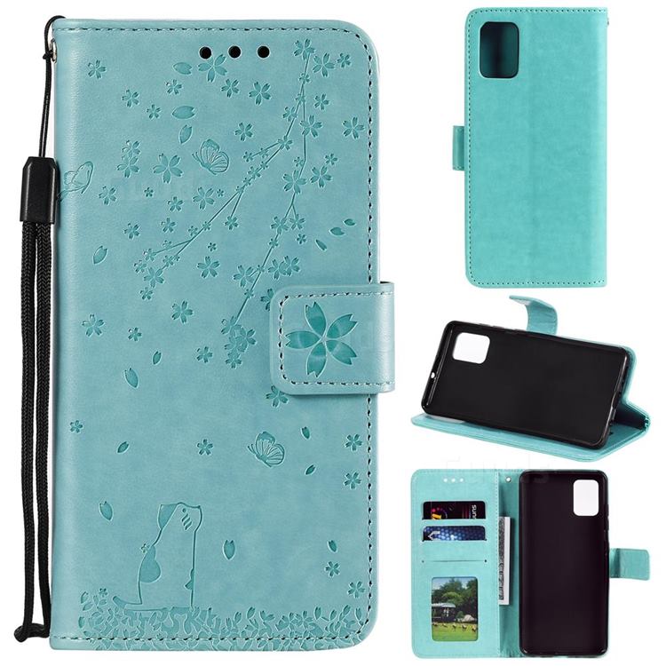 Embossing Cherry Blossom Cat Leather Wallet Case for Huawei P40 Pro - Green