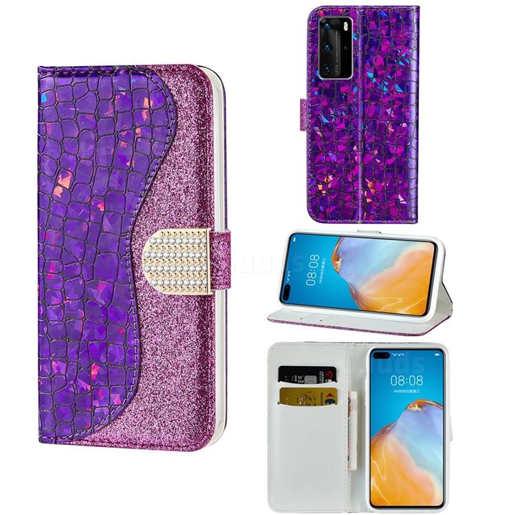Glitter Diamond Buckle Laser Stitching Leather Wallet Phone Case for Huawei P40 Pro - Purple