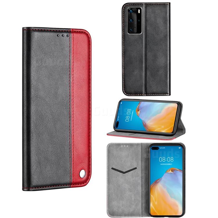 Classic Business Ultra Slim Magnetic Sucking Stitching Flip Cover for Huawei P40 Pro - Red