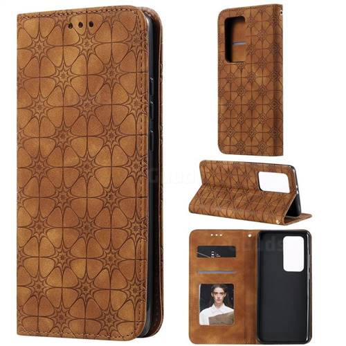 Intricate Embossing Four Leaf Clover Leather Wallet Case for Huawei P40 Pro+ / P40 Plus 5G - Yellowish Brown