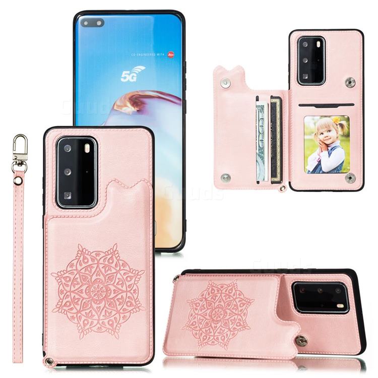 Luxury Mandala Multi-function Magnetic Card Slots Stand Leather Back Cover for Huawei P40 Pro+ / P40 Plus 5G - Rose Gold
