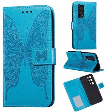 Intricate Embossing Vivid Butterfly Leather Wallet Case for Huawei P40 Pro+ / P40 Plus 5G - Blue