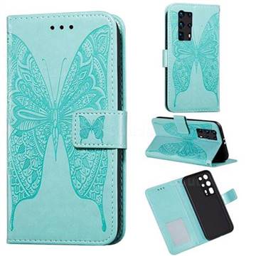 Intricate Embossing Vivid Butterfly Leather Wallet Case for Huawei P40 Pro+ / P40 Plus 5G - Green