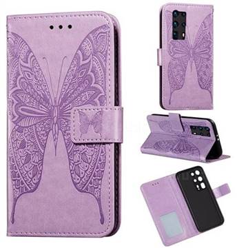 Intricate Embossing Vivid Butterfly Leather Wallet Case for Huawei P40 Pro+ / P40 Plus 5G - Purple