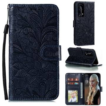 Intricate Embossing Lace Jasmine Flower Leather Wallet Case for Huawei P40 Pro+ / P40 Plus 5G - Dark Blue