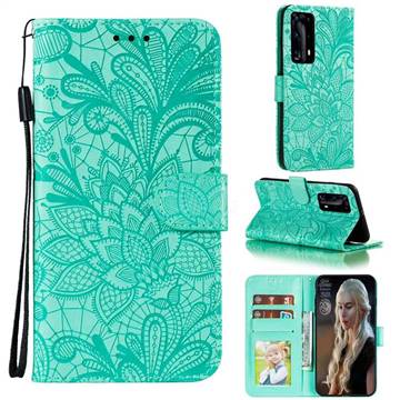 Intricate Embossing Lace Jasmine Flower Leather Wallet Case for Huawei P40 Pro+ / P40 Plus 5G - Green