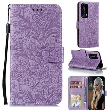 Intricate Embossing Lace Jasmine Flower Leather Wallet Case for Huawei P40 Pro+ / P40 Plus 5G - Purple