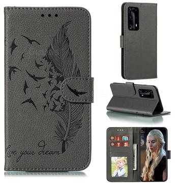 Intricate Embossing Lychee Feather Bird Leather Wallet Case for Huawei P40 Pro+ / P40 Plus 5G - Gray