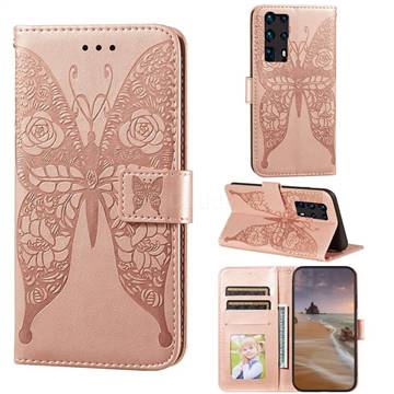 Intricate Embossing Rose Flower Butterfly Leather Wallet Case for Huawei P40 Pro+ / P40 Plus 5G - Rose Gold