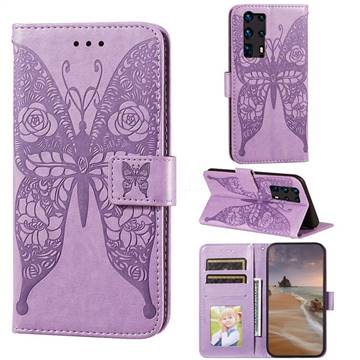 Intricate Embossing Rose Flower Butterfly Leather Wallet Case for Huawei P40 Pro+ / P40 Plus 5G - Purple