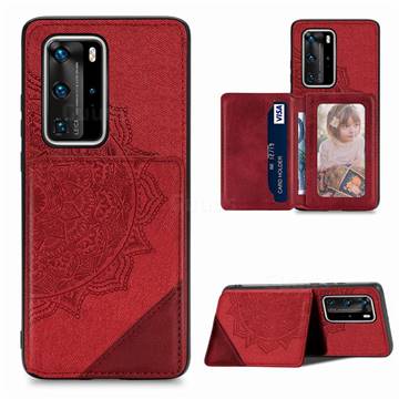 Mandala Flower Cloth Multifunction Stand Card Leather Phone Case for Huawei P40 Pro+ / P40 Plus 5G - Red