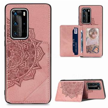 Mandala Flower Cloth Multifunction Stand Card Leather Phone Case for Huawei P40 Pro+ / P40 Plus 5G - Rose Gold