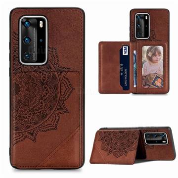 Mandala Flower Cloth Multifunction Stand Card Leather Phone Case for Huawei P40 Pro+ / P40 Plus 5G - Brown