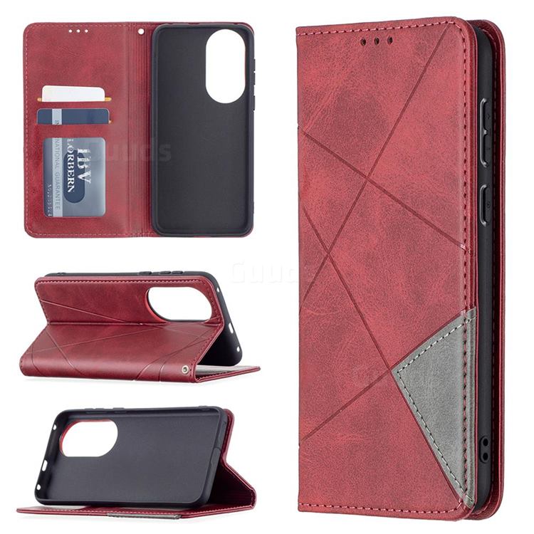 Prismatic Slim Magnetic Sucking Stitching Wallet Flip Cover for Huawei P50 - Red
