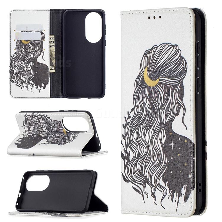 Girl with Long Hair Slim Magnetic Attraction Wallet Flip Cover for Huawei P50