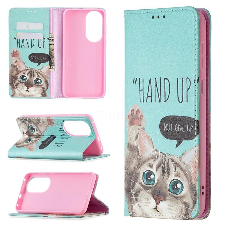 Hand Up Cat Slim Magnetic Attraction Wallet Flip Cover for Huawei P50