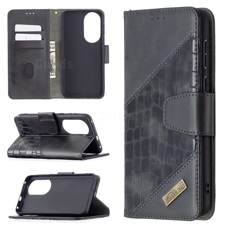 BinfenColor BF04 Color Block Stitching Crocodile Leather Case Cover for Huawei P50 - Black