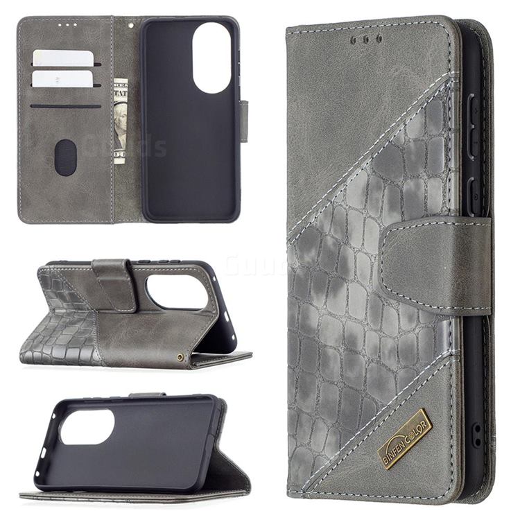 BinfenColor BF04 Color Block Stitching Crocodile Leather Case Cover for Huawei P50 - Gray