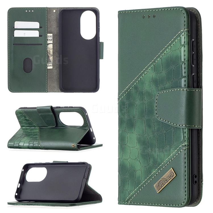 BinfenColor BF04 Color Block Stitching Crocodile Leather Case Cover for Huawei P50 - Green