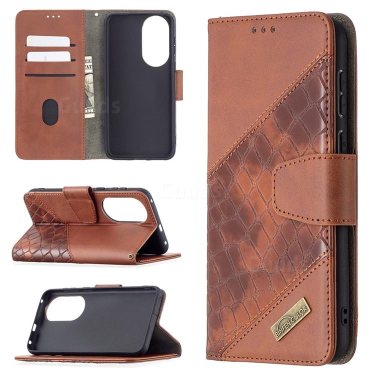 BinfenColor BF04 Color Block Stitching Crocodile Leather Case Cover for Huawei P50 - Brown