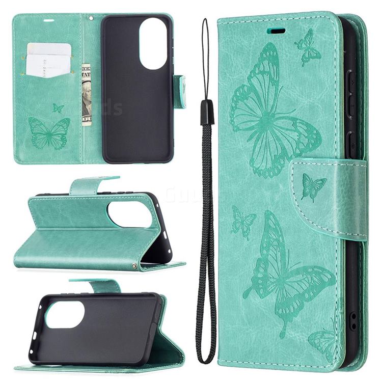 Embossing Double Butterfly Leather Wallet Case for Huawei P50 - Green