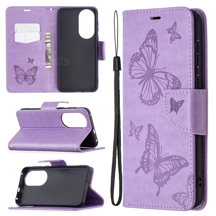 Embossing Double Butterfly Leather Wallet Case for Huawei P50 - Purple