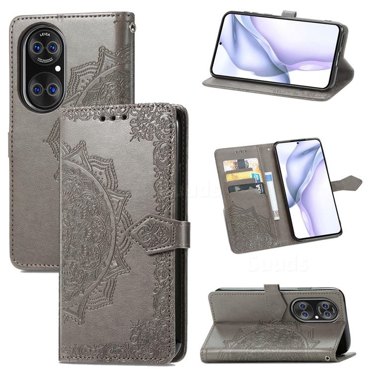 Embossing Imprint Mandala Flower Leather Wallet Case for Huawei P50 - Gray