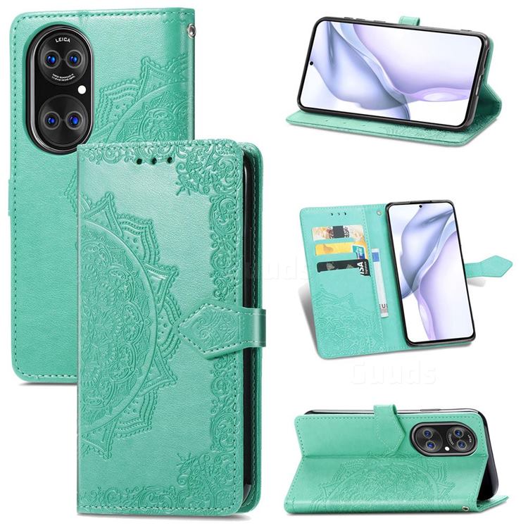 Embossing Imprint Mandala Flower Leather Wallet Case for Huawei P50 - Green