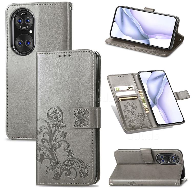 Embossing Imprint Four-Leaf Clover Leather Wallet Case for Huawei P50 - Grey