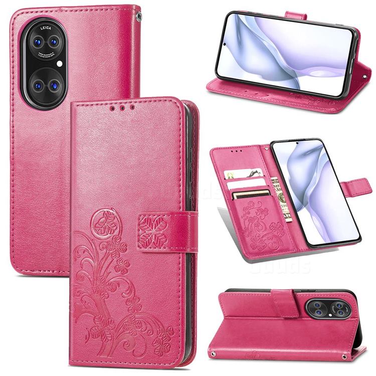 Embossing Imprint Four-Leaf Clover Leather Wallet Case for Huawei P50 - Rose Red