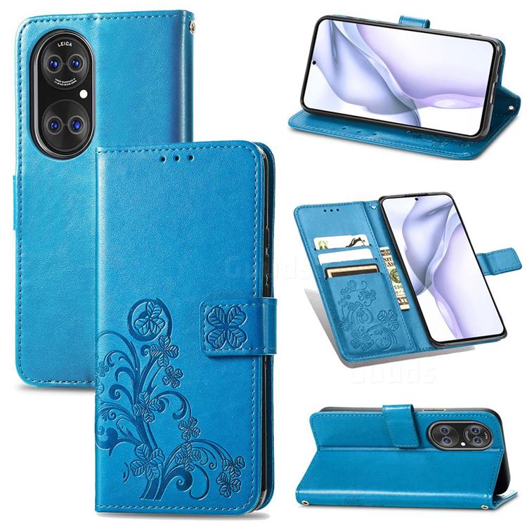 Embossing Imprint Four-Leaf Clover Leather Wallet Case for Huawei P50 - Blue