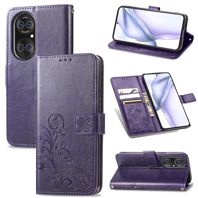 Embossing Imprint Four-Leaf Clover Leather Wallet Case for Huawei P50 - Purple