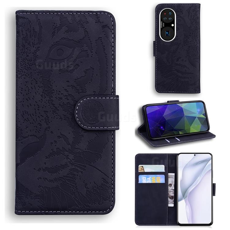 Intricate Embossing Tiger Face Leather Wallet Case for Huawei P50 - Black