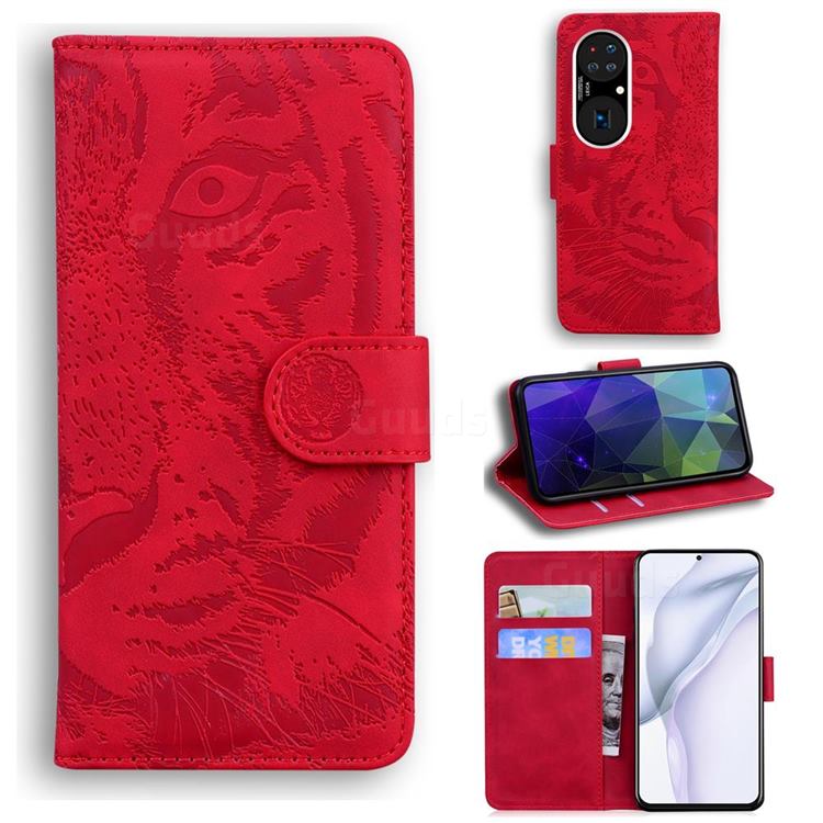 Intricate Embossing Tiger Face Leather Wallet Case for Huawei P50 - Red