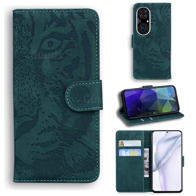 Intricate Embossing Tiger Face Leather Wallet Case for Huawei P50 - Green
