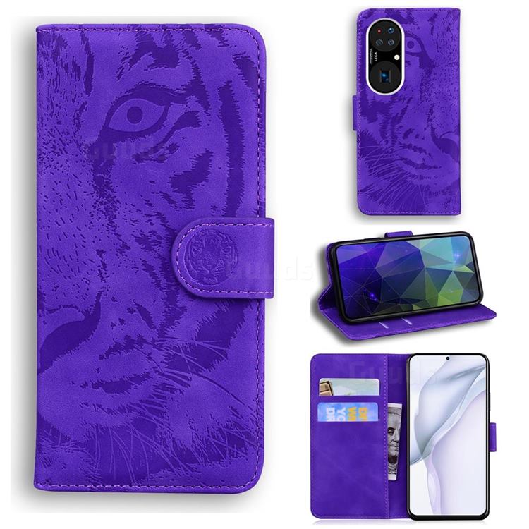 Intricate Embossing Tiger Face Leather Wallet Case for Huawei P50 - Purple