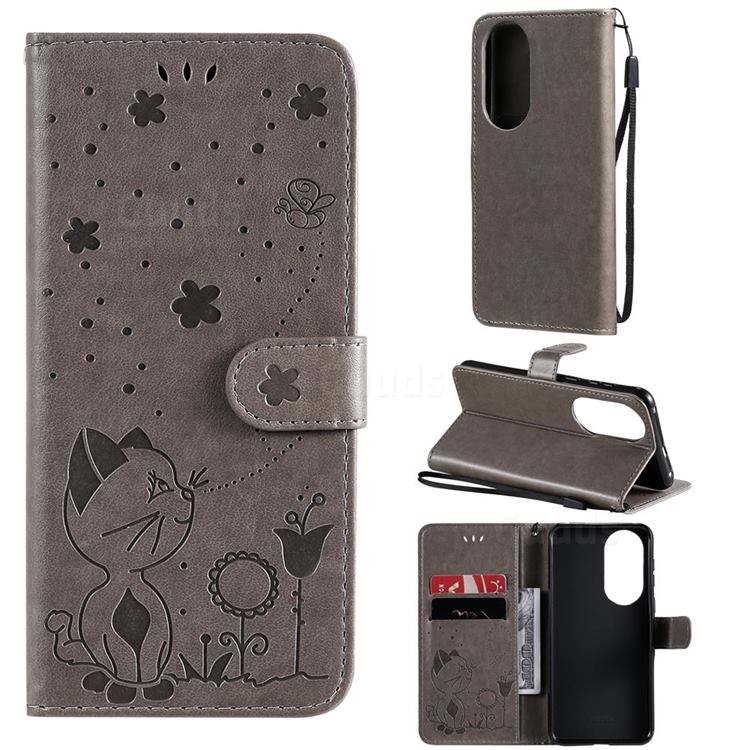 Embossing Bee and Cat Leather Wallet Case for Huawei P50 - Gray