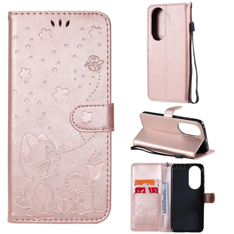 Embossing Bee and Cat Leather Wallet Case for Huawei P50 - Rose Gold