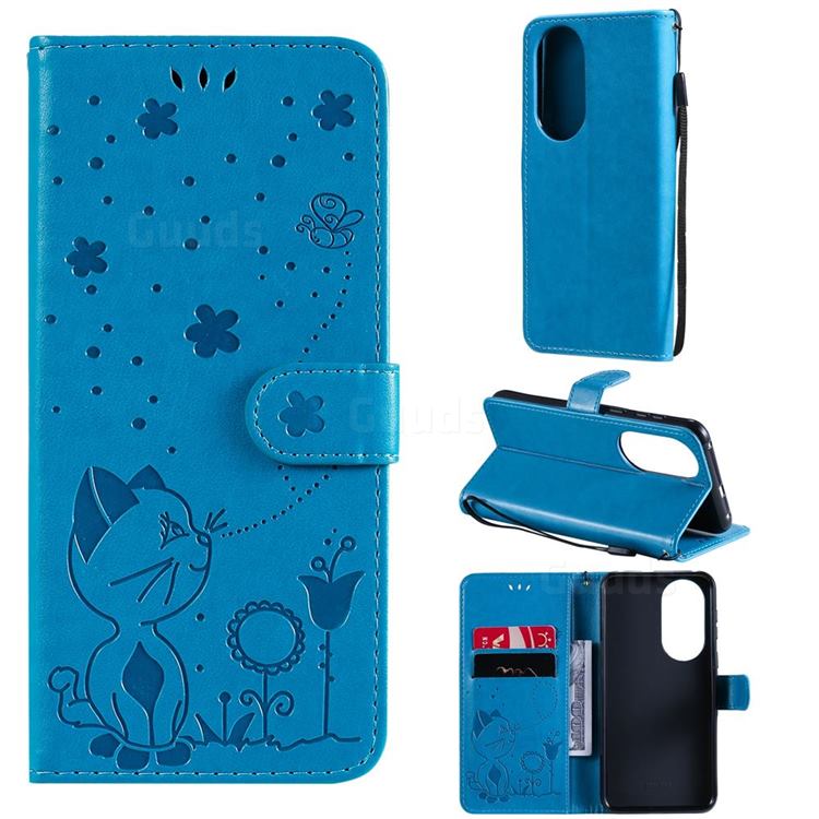 Embossing Bee and Cat Leather Wallet Case for Huawei P50 - Blue